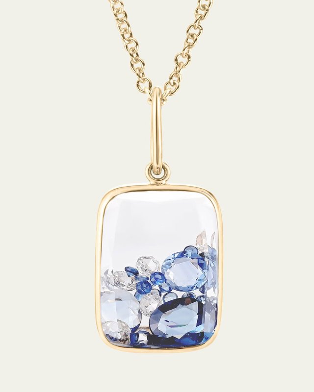 18K Yellow Gold Ten Fourteen Diamond and Blue Sapphire Pendant Necklace with Kaleidoscope Shaker